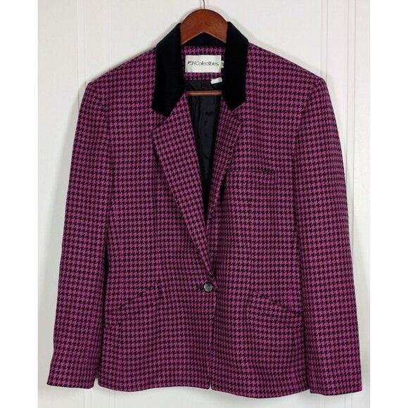 VTG Vintage JH Collectibles Pink Houndstooth 100% Wool Blazer 80s Velvet 12 - Picture 1 of 4